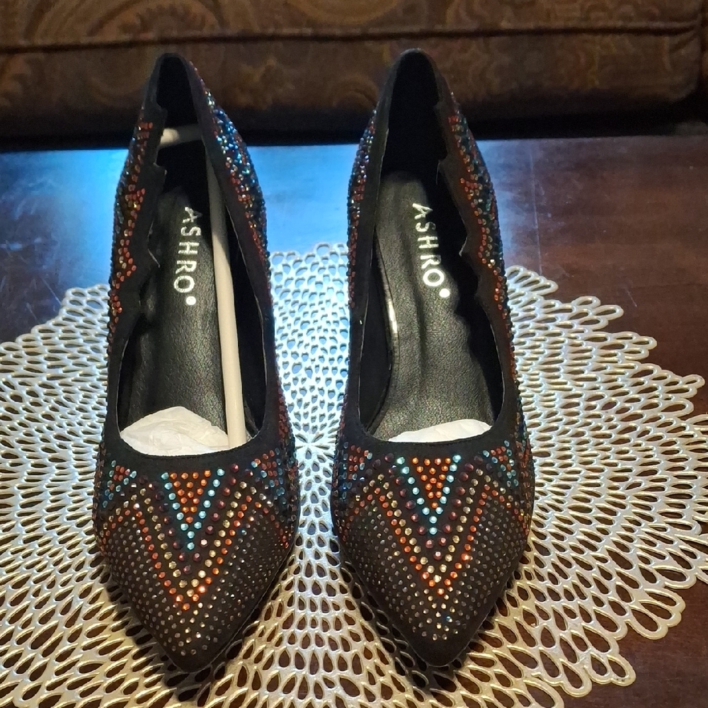 Ashro Black and Multicolor Studded Heels